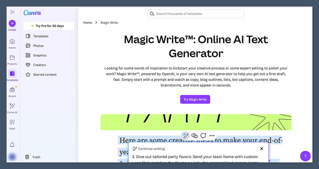 Canva Magic Write Homepage