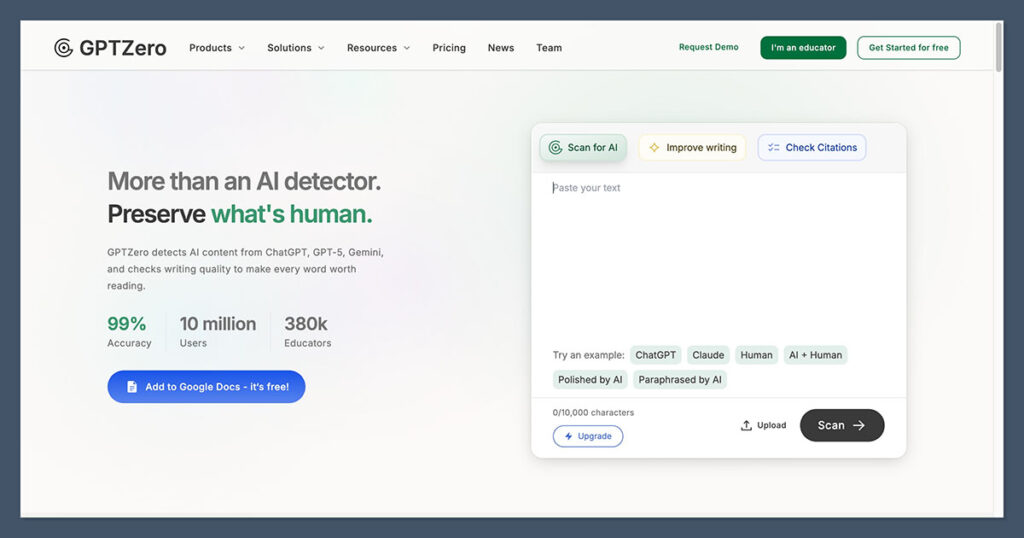 GPTZero Homepage