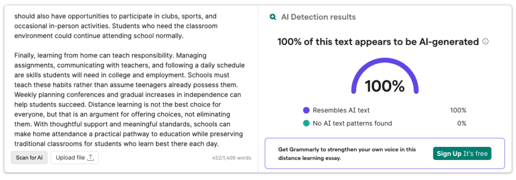 Grammarly AI detector showing a 100% result for the GPT-6 distance-learning essay