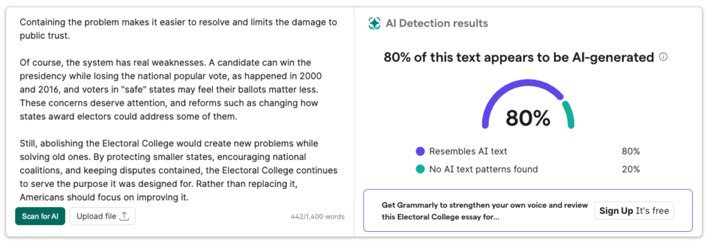 Grammarly AI detector showing an 80% result for the Claude Electoral College essay