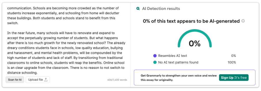 Grammarly AI detector showing a 0% result for a real student distance-learning essay